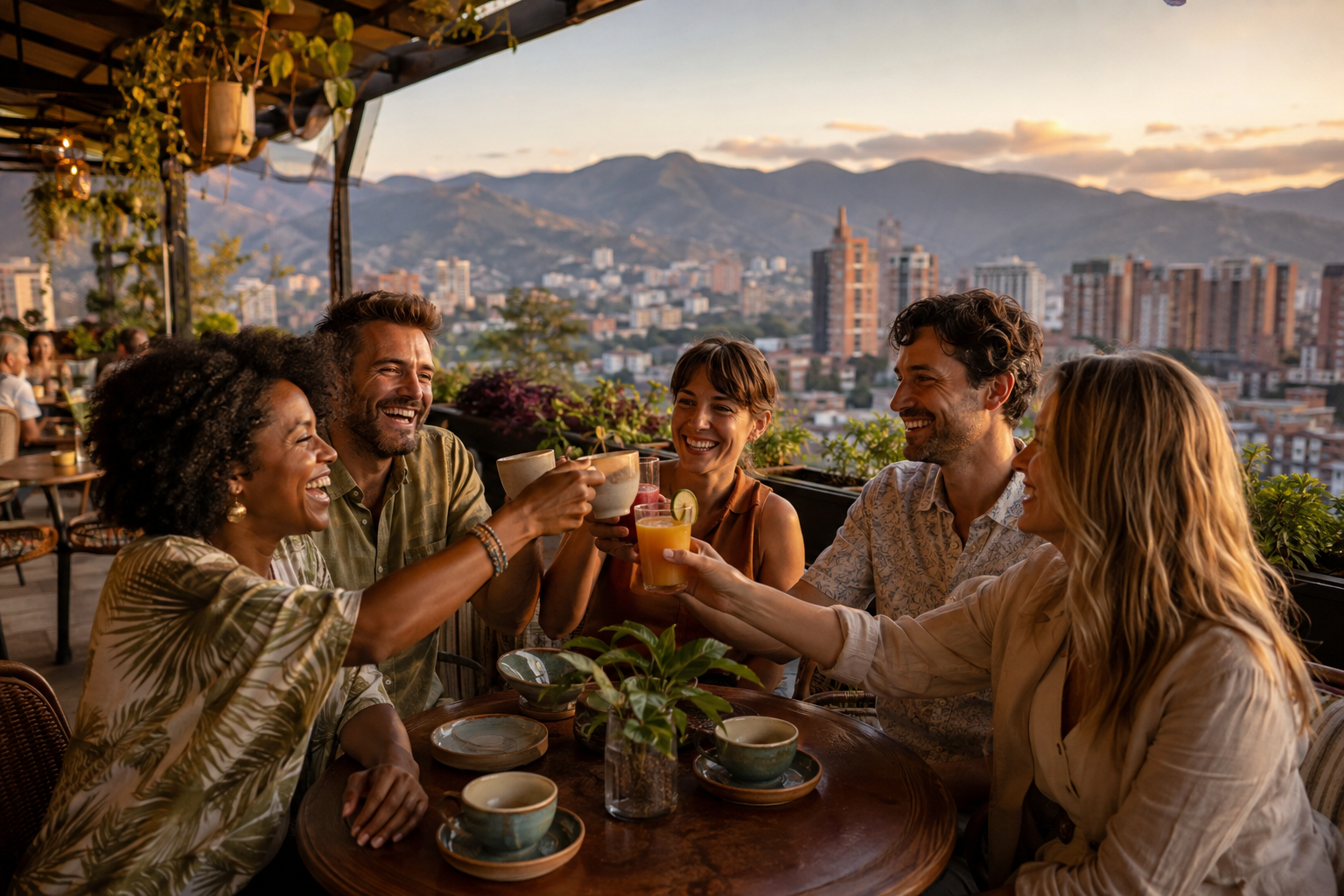 International travelers celebrating a successful day in Medellín on a rooftop terrace